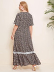 Women Plus Size Guipure Lace Trim Ditsy Floral Print Dress