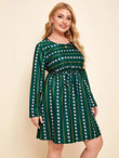 Women Plus Size Geo & Striped Print Belted A-line Dress