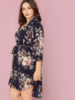 Women Plus Size Botanical Print Dip Hem Belted Dress