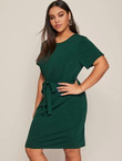 Women Plus Size Solid Belted Round Neck Dress