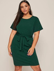 Women Plus Size Solid Belted Round Neck Dress