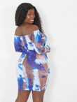 Women Plus Size Tie Dye Drawstring Front Bardot Bodycon Dress