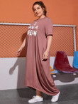 Women Plus Size Slogan Graphic High-low Hem Maxi Dress