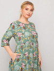 Women Plus Size Keyhole Neck Allover Floral Babydoll Dress
