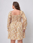 Women Plus Size Floral Print Shirred Bodice Flounce Sleeve Dress