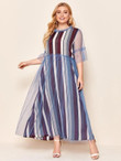 Women Plus Size Striped Frill Trim Mesh Overlay Dress
