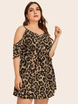 Women Plus Size Leopard Print Cold Shoulder Belted Dress