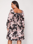 Women Plus Size Floral Print Shirred Square Neck Dress