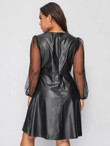 Women Plus Size Dobby Mesh Sleeve Leather Look Dress