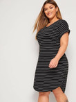 Women Plus Size V-neck Curved Hem Striped Tee Dress