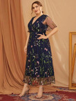 Women Plus Size Embroidery Mesh Overlay Surplice Front Dress
