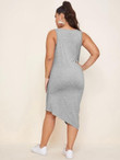 Women Plus Size Solid Drawstring Front Asymmetrical Hem Dress