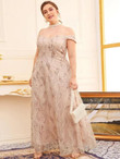 Women Plus Size Contrast Sequin Embroidered Lace Off Shoulder Dress