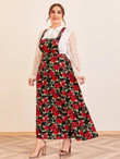 Women Plus Size Allover Rose Print Overall Dress Without Blouse
