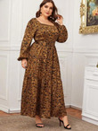 Women Plus Size Lantern Sleeve Flounce Hem Buckle Belted Leopard Dress