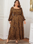 Women Plus Size Lantern Sleeve Flounce Hem Buckle Belted Leopard Dress
