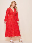 Women Plus Size Polka Dot Button Front Self Tie A-line Dress