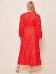 Women Plus Size Polka Dot Button Front Self Tie A-line Dress