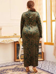 Women Plus Size Floral Embroidery Velvet Mandarin Dress