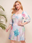 Women Plus Size Floral Print Sweetheart Neck Lantern Sleeve Dress