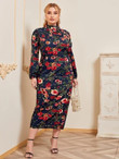 Women Plus Size Floral Print Ruffle Mock Neck Dress