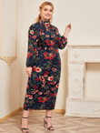 Women Plus Size Floral Print Ruffle Mock Neck Dress