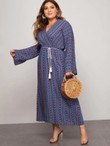 Women Plus Size Aztec And Striped Print Dress With Belt