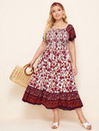 Women Plus Size Shirred Bodice Floral Print Dress