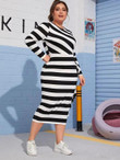 Women Plus Size Ruffle Trim Two Tone Striped Dress