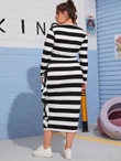 Women Plus Size Ruffle Trim Two Tone Striped Dress