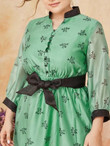 Women Plus Size Floral Print Button Front Colorblock Belted Dress