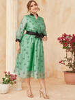 Women Plus Size Floral Print Button Front Colorblock Belted Dress