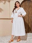 Women Plus Size Ruffle Trim Floral Embroidered Dress