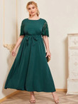 Women Plus Size Contrast Sequins Belted Maxi Dress