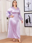 Women Plus Size Lantern Sleeve Scallop Trim Satin Dress