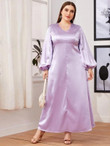 Women Plus Size Lantern Sleeve Scallop Trim Satin Dress