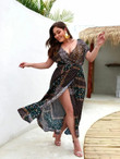 Women Plus Size Aztec Patchwork Plunging Wrap Dress