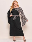 Women Plus Size Contrast Leopard Print Flounce Sleeve Belted Dress