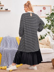 Women Plus Size Striped Drop Shoulder Pleated Hem Dress