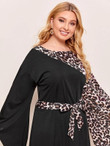 Women Plus Size Contrast Leopard Print Flounce Sleeve Belted Dress