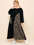 Women Plus Size Patch Pocket Leopard Panel Colorblock Dress