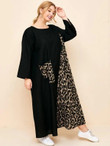 Women Plus Size Patch Pocket Leopard Panel Colorblock Dress