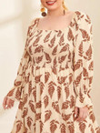 Women Plus Size Flounce Sleeve Shirred Detail Allover Botanical Print Dress