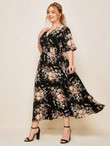 Women Plus Size Surplice Neck Shirred Waist Floral Dress