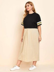 Women Plus Size Colorblock Striped Cuff Smock Dress