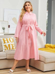 Women Plus Size Plicated Front Button Up Belted Shirt Dress