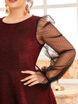Women Plus Size Dobby Mesh Sleeve & Hem Glitter Dress