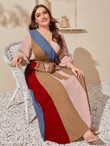 Women Plus Size Colorblock Belted Peasant Sleeve Maxi Dress