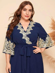 Women Plus Size Embroidery Mesh Panel Surplice Front Dress