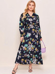 Women Plus Size Floral & Chain Print Shirred Waist A-line Dress